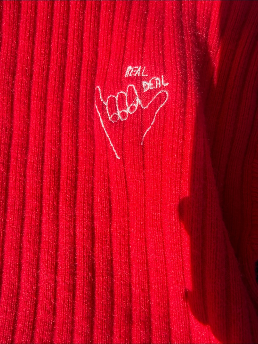 SHEIN Red Ribbed Crewneck Sweater with White Hand Embroidery